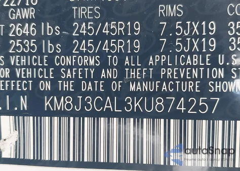 2019 Hyundai Tucson Sport из США, поврежденный, VIN KM8J3CAL3KU874257